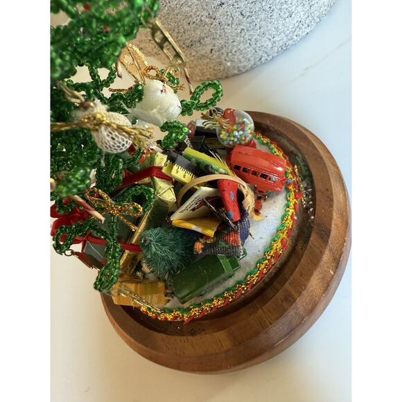 Vintage Westrim Beaded Christmas Tree Tiny Ornaments Wood Base Glass Dome 6 Inch - Picture 9 of 12